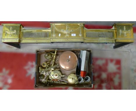 A brass fire guard, together with a box of brass and copperware including a Canon 514XL cine camera (2)