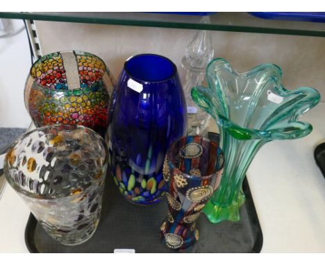 A lead crystal decanter, vaseline glass vase and four pieces of Studio Glass (6)