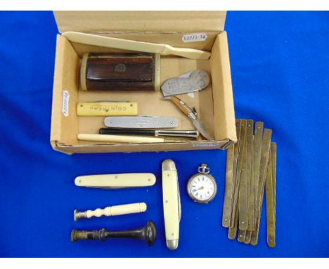 A qty of interesting items; penknives, fob watch, snuff box, cigarette holder, stamp etc.