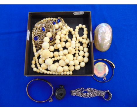 Three bone necklaces, and early Pearl necklace, Mother of Pearl box, decorative bangle and a Elephants hair bangle etc.