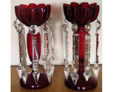 Pair of Victorian ruby glass lustres with droplets. Approx. 28cm H

Used condition, two droplets are loose 