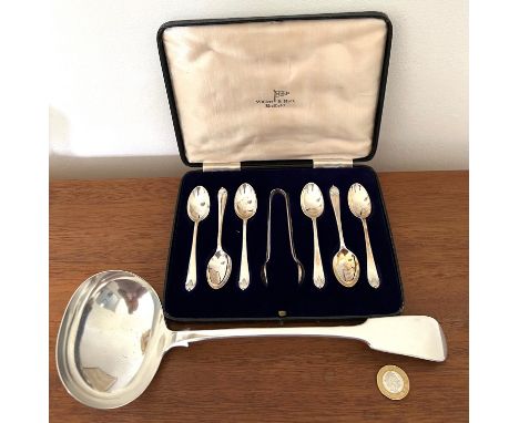 CASED SILVER SIX COFFEE SPOONS AND SUGAR TONGS, ALSO PLATED LADLE

 