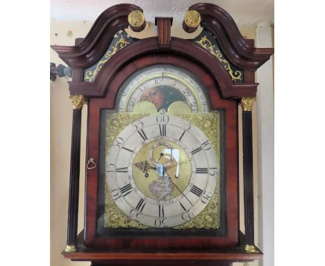 Joseph Finney of Liverpool, 18th century mahogany cased longcase clock with hand painted brass rolling moon dial. Approx. 243