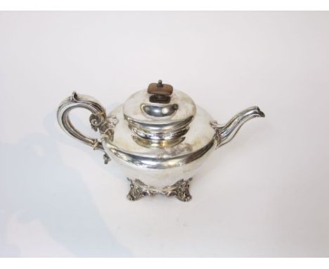 Victorian silver teapot, the circular body raised on scrolled feet, London 1846 by Edward, Edward Junior, John & William Barn