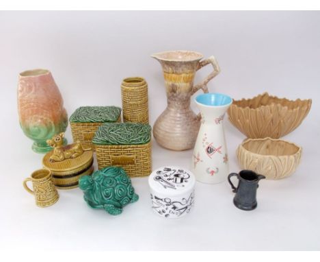 A collection of Sylvac wares including a pair of tea caddies and covers in the form of wicker tea hampers with inscribed plaq