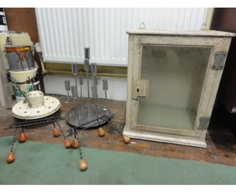 Mixed retro and industrial lot to include cast steel glazed wall hanging medical cabinet; together with Danish style chrome c