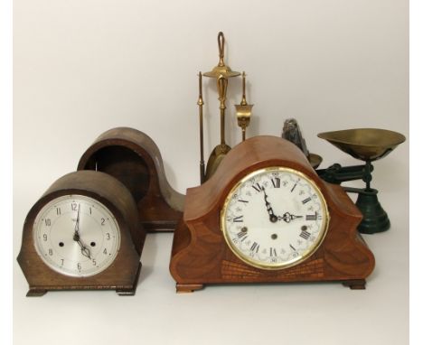 Early 20th century walnut inlaid mantle clock together with a further Smiths of Anfield mantle clock and clock case, brass co