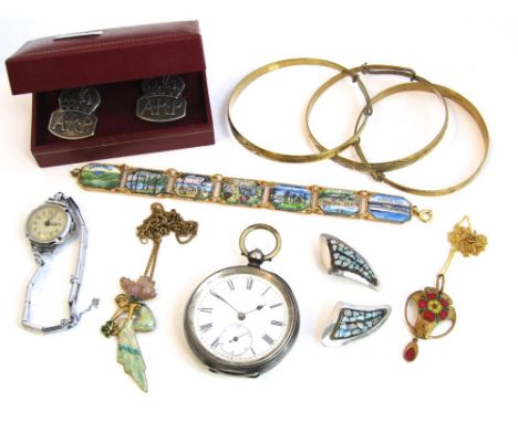 A collection of jewellery and watches to include a sterling silver key wound pocket watch, a ladies cocktail watch, a modern 