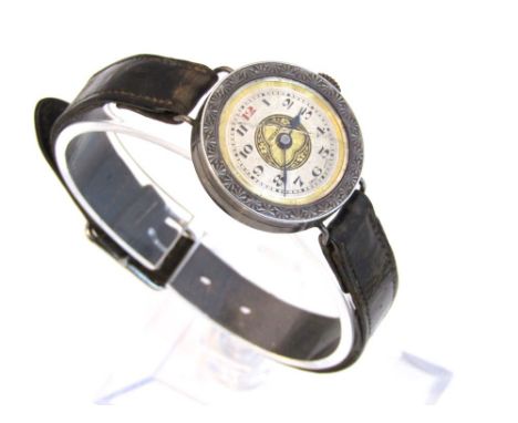 A 'Medona' early 20th century sterling silver gentleman's wristwatch with chased circular dial, silver face with gilded and e