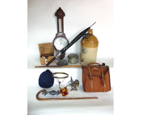 Mixed miscellaneous lot to include Roscoe's Ginger Wine salt glazed flagon, wall barometer, walking sticks, beach bag inscrib