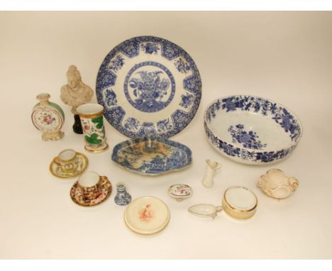 An unusual collection of mainly 19th century ceramics including a Copeland blue and white printed bowl with floral detail, wi