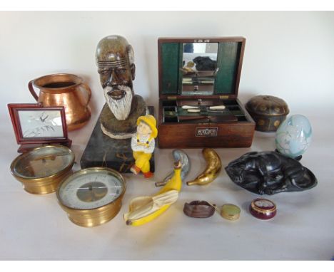 Box of interesting items to include 19th century rosewood vanity box, two barometer movements, a carved tribal hard stone bus