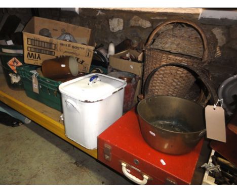 A vintage cream enamel bread bin together with further kitchenalia, a selection of glass shades, etc