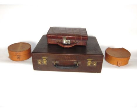 Good vintage brown leather brief case together with a further crocodile skin leather small suitcase and two further leather c