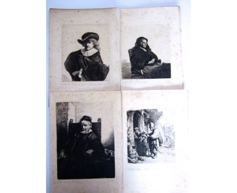A collection of four black and white etchings after Rembrandt Van Rijn - self portrait with hat and embroidered cloak, dated 