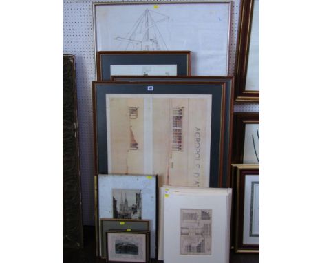 A collection of pictures and prints relating to architectural subjects including 18th and 19th century black and white engrav