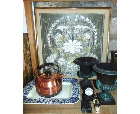 Mixed misc lot to include a pair of bronzed ceramic campana urns, an arts and crafts type silk work panel, a copper kettle, a