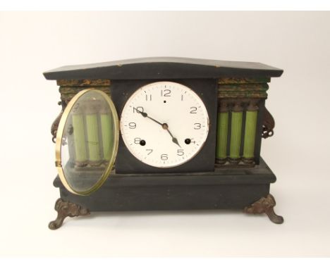 Ebonised wooden two train mantel clock in the black slate manner, the 15cm two train dial within an architectural case, 30cm 