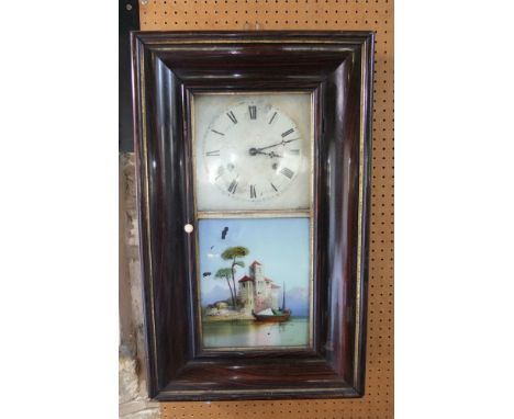 American two train drop dial ogee walk clock in simulated rosewood frame, with painted glazed panel of a boating landscape