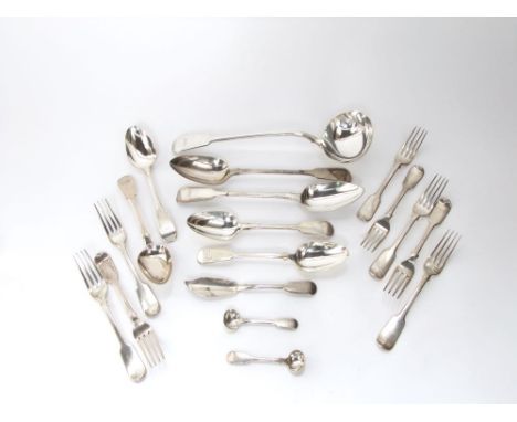 A set of old English pattern silver flatware - a large ladle, two large serving spoons, four further serving spoons, 8 table 