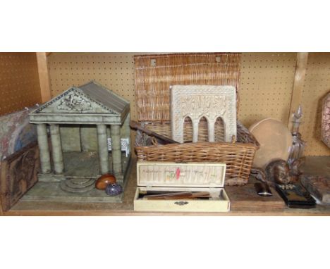 Good mixed miscellaneous lot to include various eastern treen, a scale wooden model of a font, an eastern stoneware panel, an