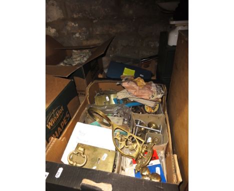 A box of good quality brass fittings including locks, door handles, etc, together with a small box of hand tools