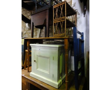 A low vintage painted pine cupboard of square cut form with panelled frame and enclosed by a single door, a Georgian mahogany