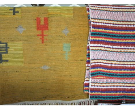 Mid 20th century flat weave Kelim type floor rug decorated with architectural type medallions upon a mustard ground (160 x 25