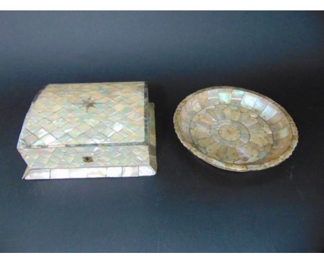 Antique mother of pearl inlaid dish together with a further mother of pearl jewellery box (2)