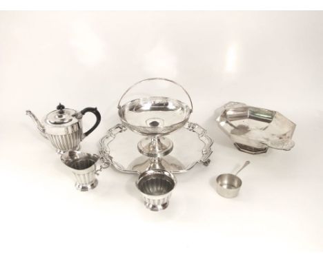 Mixed collection of silver plate to include three piece half fluted tea service, twin handled faceted tazza, basket, salver a