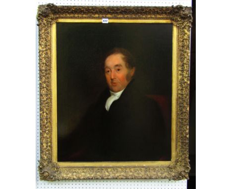 An early 19th century oil painting on canvas half length portrait of a gentleman in black coat and white stock, inscribed ver