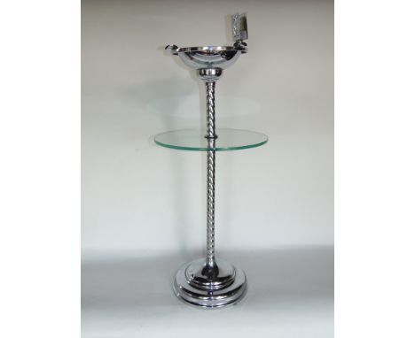 Art deco style chrome ashtray the circular dish fitted with a match box holder upon a barley twist column fitted with a glass