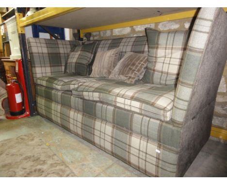 A good quality contemporary Knoll type sofa with tartan patterned upholstery and loose feather filled cushions, approx 6ft lo