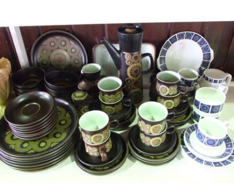 A quantity of Denby Arabesque patternwares comprising coffee pot, milk jug, sugar bowl and cover, pair of condiments, six tea