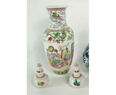 Large chinese porcelain vase with polychrome decoration of male and female characters, flowers, etc 42cm tall approx together