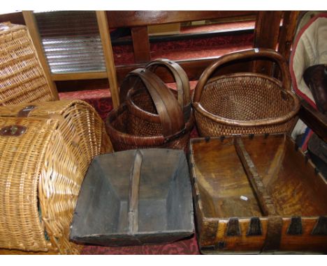Collection of rice paddy buckets to include two treen buckets and three woven examples; together with a vintage washboard, a 
