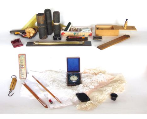 Two boxes of interesting items to include an elaborate meerschaum pipe, costume jewellery, lacquered snuff box, various measu