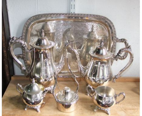 Five piece silver plated tea service comprising two pots, milk jug, sucrier and twin handled tray together with a silver plat