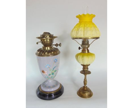Victorian opaline glass oil lamp, decorated in polychrome and in relief with exotic birds amidst foliage; together with a fur