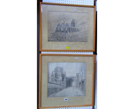 A collection of five pencil studies by Rodney Hubbuck, all showing architectural subjects with figures including a Romanesque