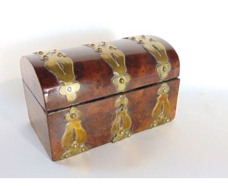 19th century burr walnut and brass strap work tea caddy