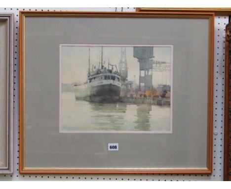A watercolour by R Sawyers, ARCA showing a dock scene with vessel, signed with initials bottom left RS, with label verso Robe