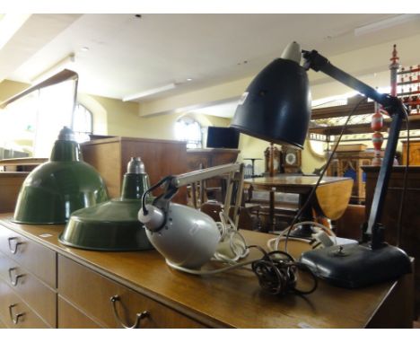 Vintage industrial Memlite desk lamp together with a further Mac lamp for Habitat desk lamp, together with two green enamel i