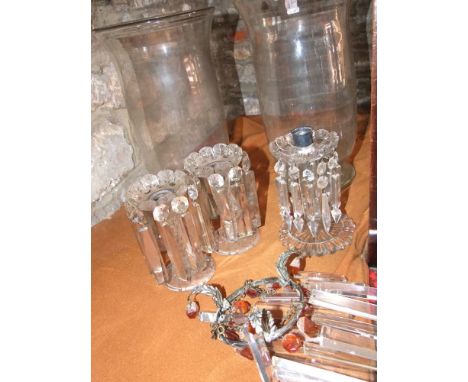 Pair of glass lustre's, with prismatic drops; together with a further glass lustre candlestick, hanging lustre drop ceiling l