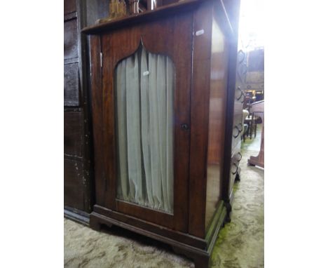 A 19th century mahogany side cabinet enclosed by a lancet shaped glazed panelled door raised on squat bracket supports