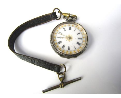 An early 20th century open faced ladies silver key wound pocket watch with chased and engraved decoration, white enamel dial 