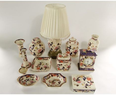 A collection of Masons Mandalay pattern wares comprising a limited edition Royal Mandalay mantel clock, a lamp base, a ginger