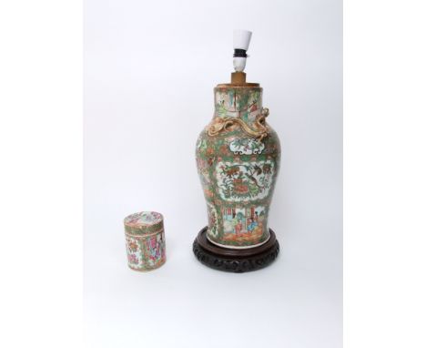 A 19th century Cantonese vase with polychrome painted figure, flower, bird, butterfly decoration and with applied gilded drag