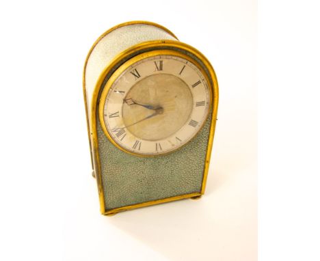 Attractive early 20th century shagreen and gilt metal lancet mantel clock, fitted with a 9cm silvered dial, upon bun feet, 17