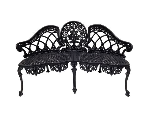 Victorian design cast aluminium garden two seat bench in black finishDimensions: Height:&nbsp;80cm&nbsp; Length/Width:&nbsp;1